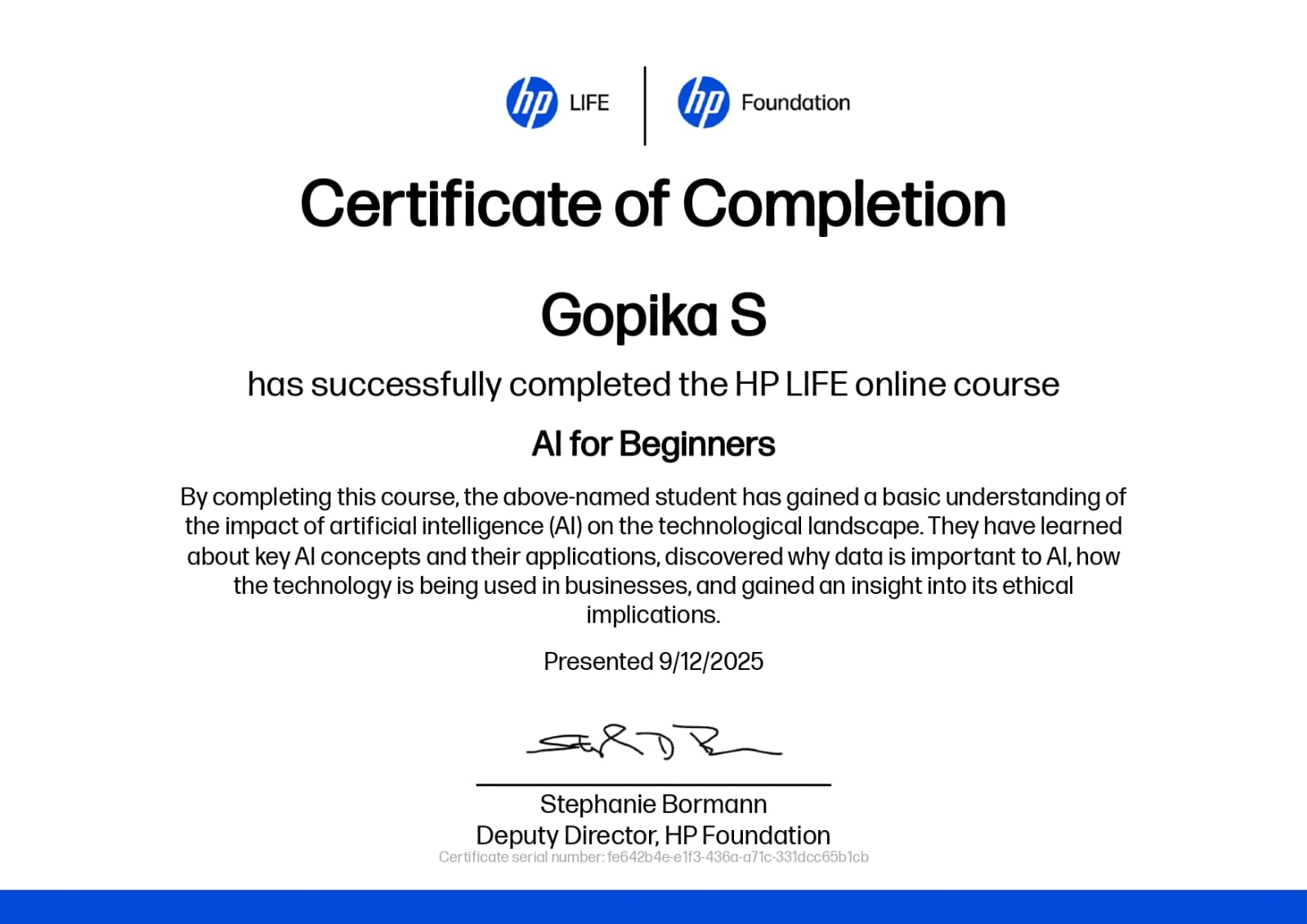 AI for Beginners Certificate from HP Life