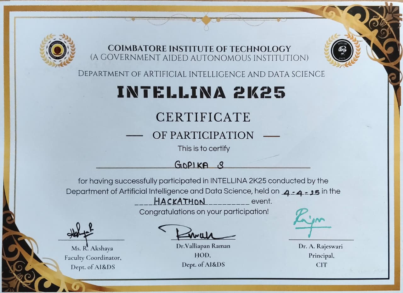 INTELLINA Hackathon Certificate