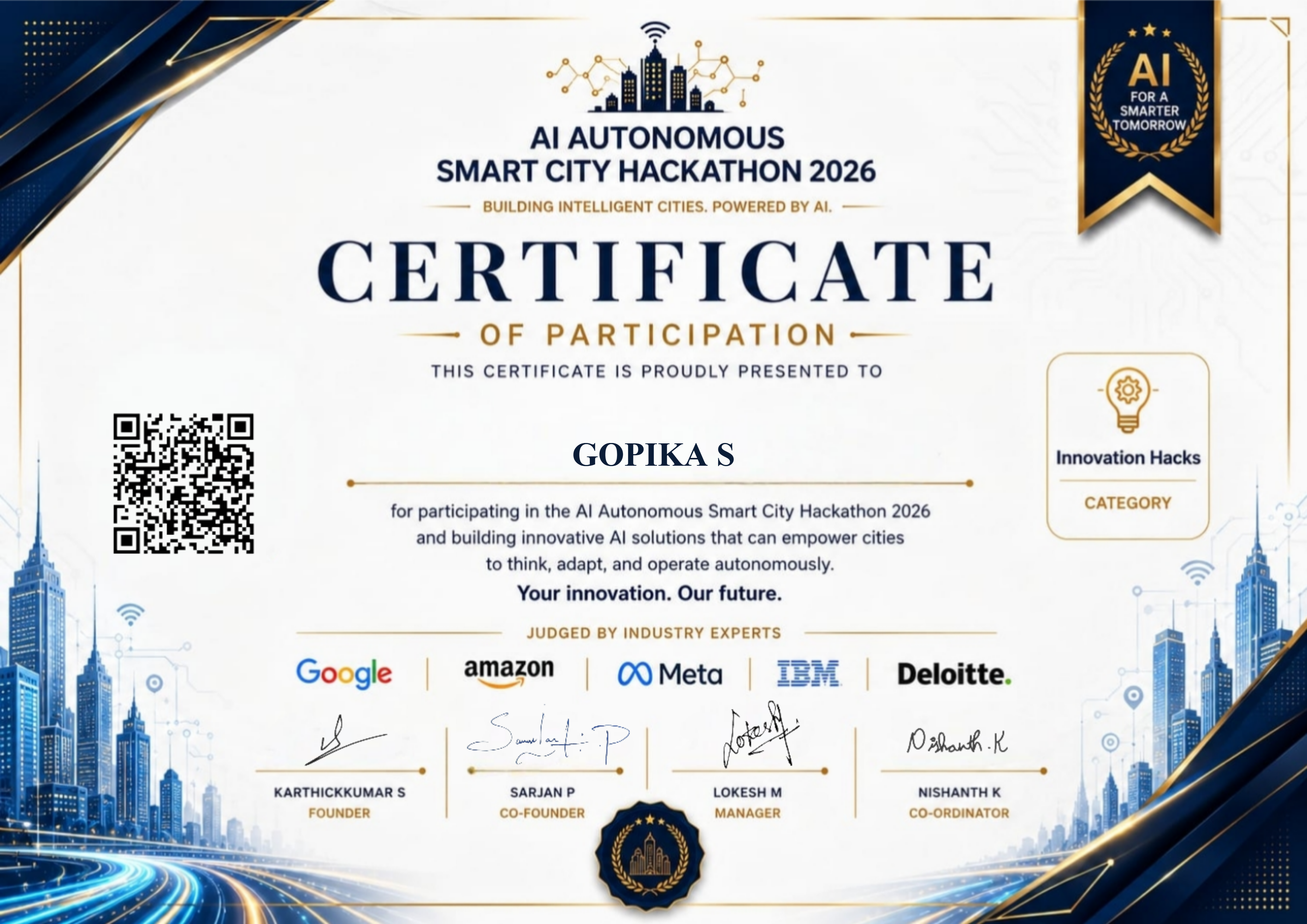 AI Smart City Hackathon Certificate
